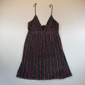 Mini Dress Rainbow Metallic Striped V-Neck Spaghetti Strap Small Party Festival